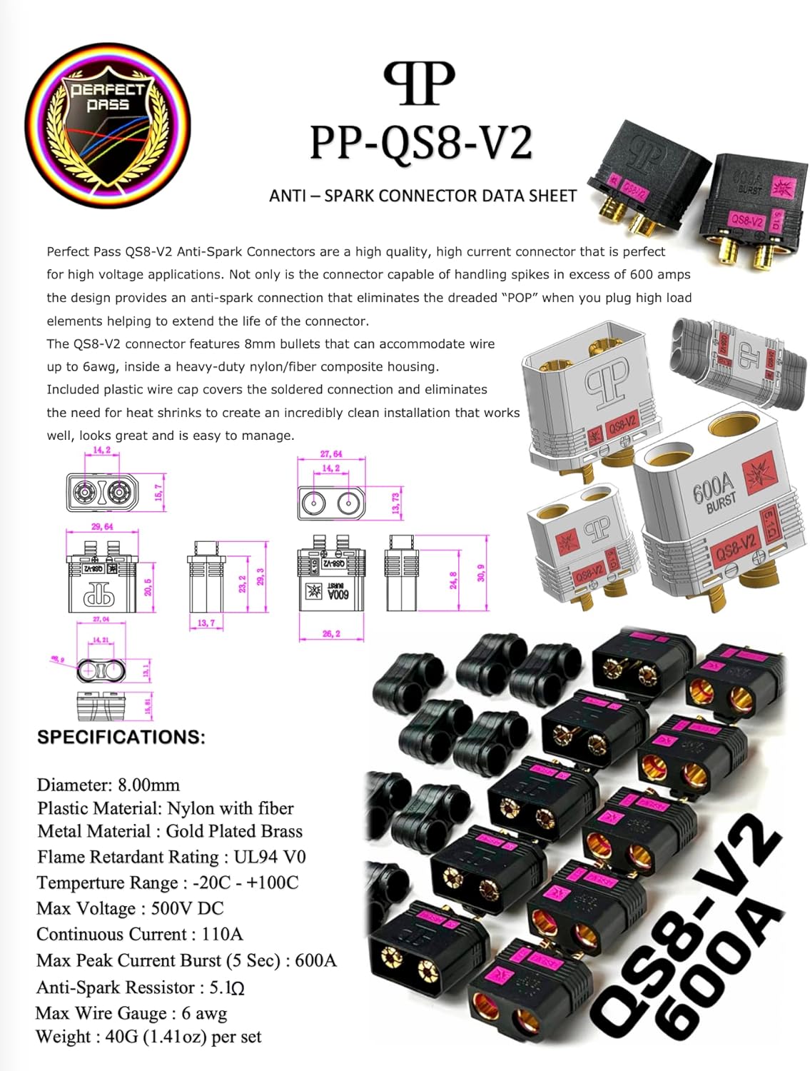 QS8-V2 Battery Connector 600A Gold-Plated Anti-Spark Plugs